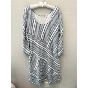 SOFT SURROUNDINGS Linen Blend Dress Blue White Striped Asymmetrical | Large